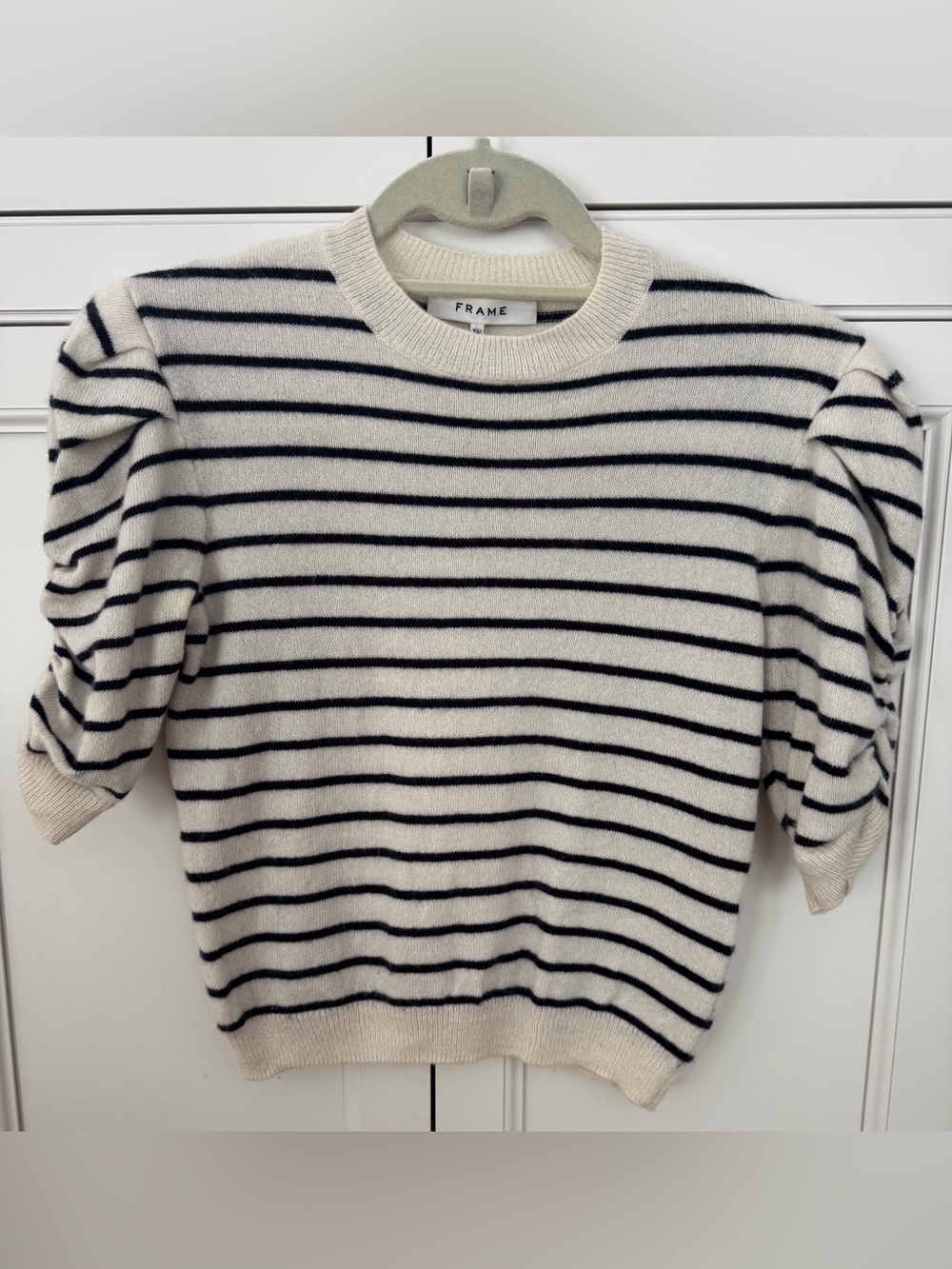 Frame Denim Cream and Black Striped Short-Sleeve Crewneck Sweater